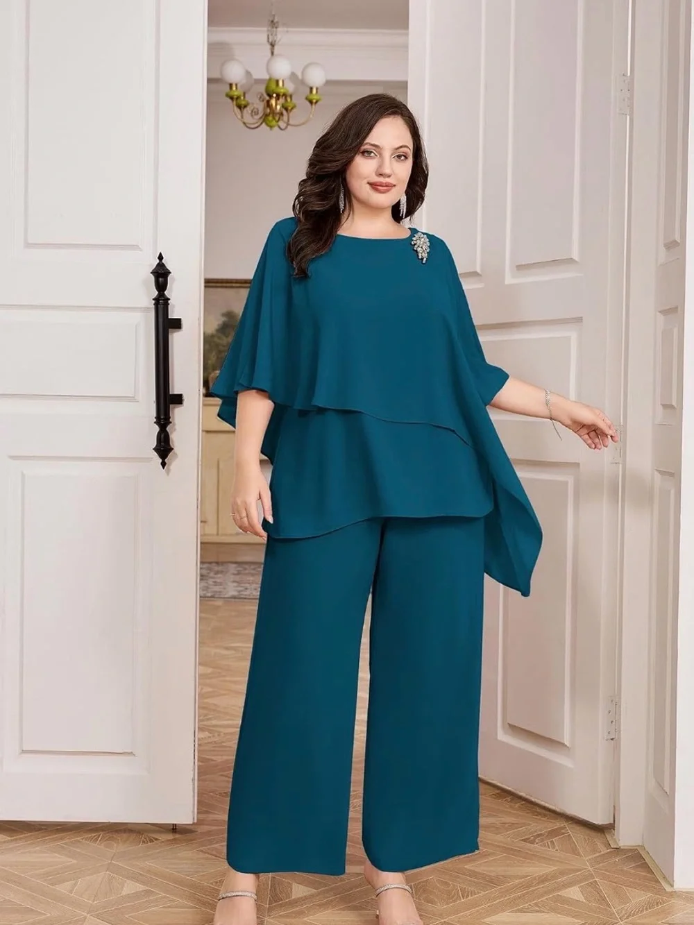 NWT Hanna Nikole Plus Size Teal Layered Wide-Leg 2 Pc Pant Set Chiffon Formal
